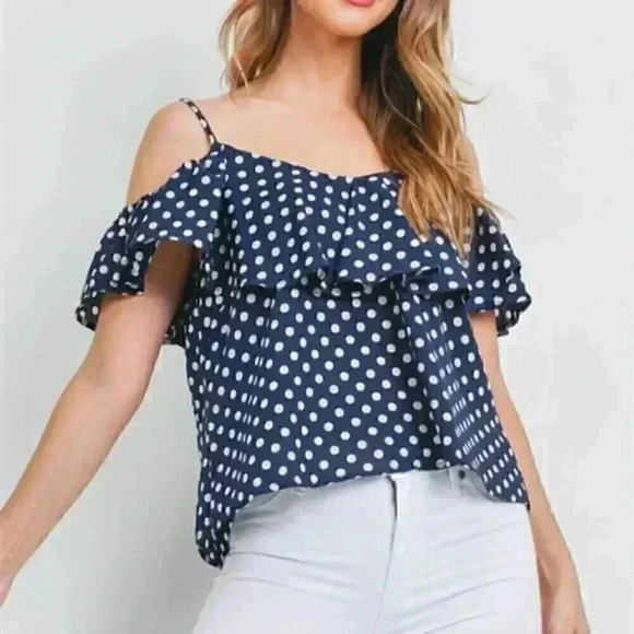 NAVY POLKA-DOT COLD SHOULDER BLOUSE - Picture 4 of 4